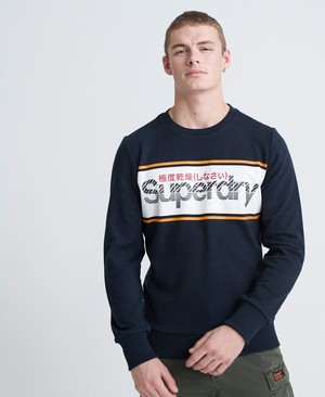 Superdry Core Logo Stripe Loopback Crew Férfi Pulóver Sötétkék | PFVCA1789